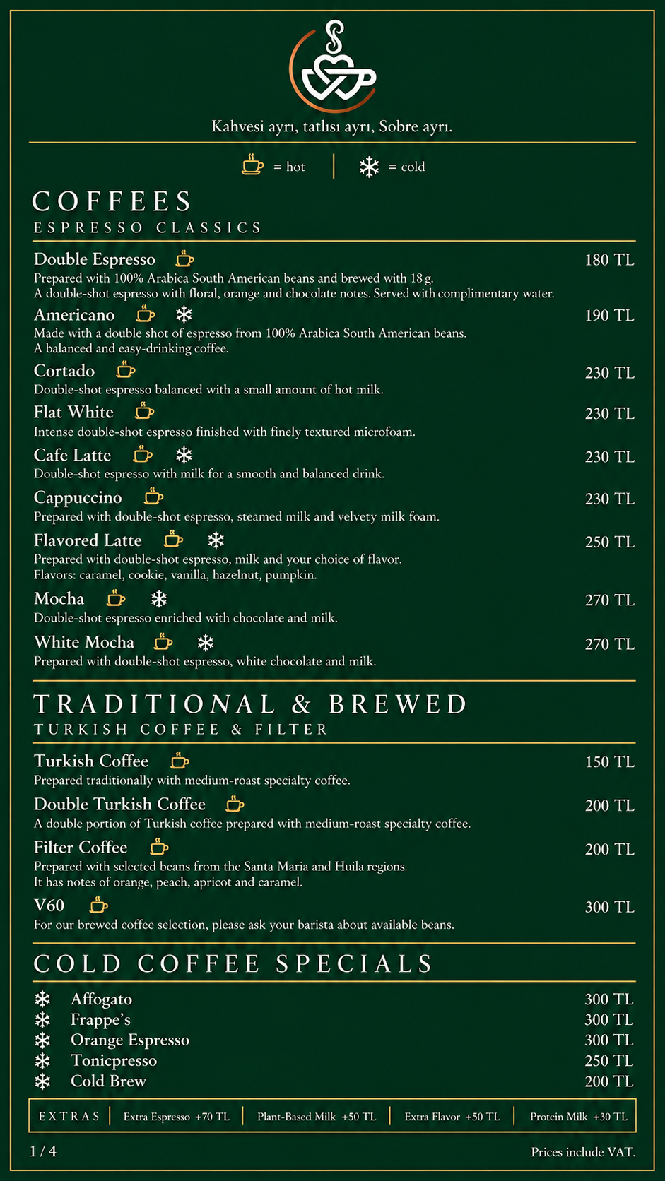Sobre English menu page 1: products and prices